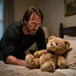 very buff Chuck Norris searching for a hiding teddybear, Bedroom, dramatic atmosphere, trending on artstation, 40nm lens, 4k,