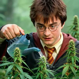 harry potter watering a cannabis field in hogwarts, marijuana plants, hyper realistic and detailed face, digital illustration, in the style of greg rutkowski, very detailed, artstation, smooth, cinematic, sharp