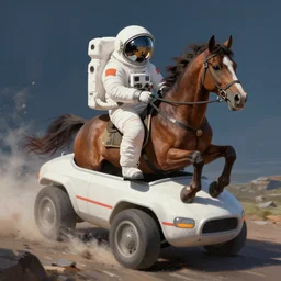 horse in a spacesuit riding on astronaut - like vehicle. digital painting by kirby