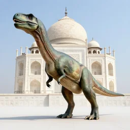a dinosaur standing beside Taj Mahal photorealist