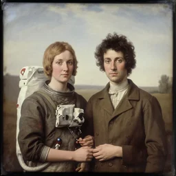 daguerreotype of a painting by grant wood of an astronaut couple, american gothic style, classical portrait, 1 8 9 4