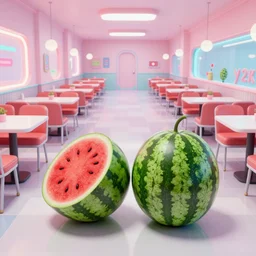 2 0 1 2 watermelon diner, tables repeat endlessly into the horizon, y 2 k cybercore cutecore fruitcore, one point perspective, tyler mitchell photoshoot