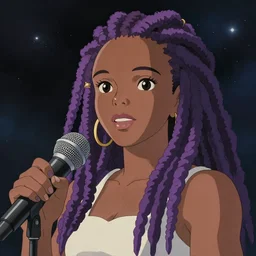 black woman with purple dreads with a microphone in space in the style of ghibli