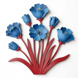 intricately detailed blue flowers with red stems made of painted wood, by mary vaux walcott, trending on artstation