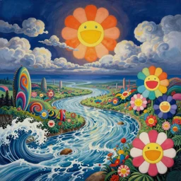 Psychedelic sci-fi dreamworld. Landscape painting. Organic. Winding rushing water. Waves. Clouds. Wayne Thiebaud. Takashi Murakami.