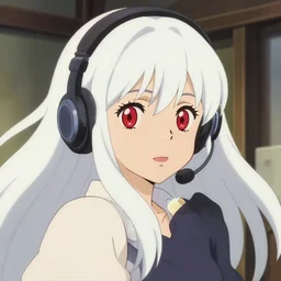 anime film still portrait of a japanese young woman, large red eyes, long white hair, wearing a headset in her room interior, detailed facial features, dynamic pose, cute face by ilya kuvshinov yoshinari yoh, makoto shinkai takashi takeuchi studio ghibli, akihiko yoshida, 4 k