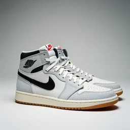 a studio photoshoot of Nike Off-white Jordan 1 sneakers designed by Virgil Abloh, knitted mesh material, gum rubber outsole, realistic, color film photography by Tlyer Mitchell, 35 mm, Graflex