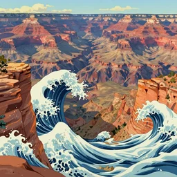 big fantastic detailed waves wash the desert valley!! high angle! grand canyon! beautifull spring day with orange! optimistic illustration anime style, by killian eng, by studio ghibli