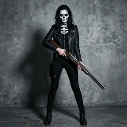 in the style of artgerm, Samara Weaving with skull paint on her face, full body, holding a shotgun - S 1489149979