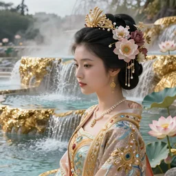 Kodak Portra 400, 8K, soft light, volumetric lighting, highly detailed, Kasumi Arimura style 3/4 ,portrait photo of Japanese princess, the face emerges from a thermal water flowing down gold travertine terraces, with lotus flowers, inspired by Ophelia paint , a beautiful luxurious royal suit, intricate hair with highly detailed realistic beautiful flowers , Realistic, Refined, Highly Detailed, ethereal lighting colors scheme, outdoor fine art photography, Hyper realistic, photo realistic