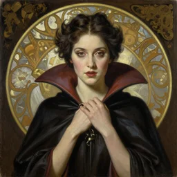 A beautiful painting of a lady vampire, victorian, ominous, oil on canvas, photorealism, alphonse mucha, caravaggio, high definition, soft light