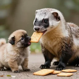 a weasel serving graham crackers to a fluffy african wild / painted dog pup so he can happily lick his graham crackers : a good boy