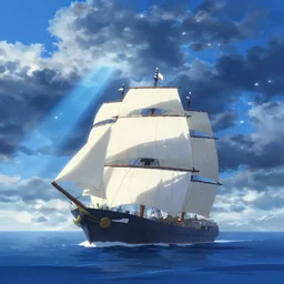 ship sailing at sea, dynamic blue sky, storm sky, with blue light piercing through clouds, makoto shinkai,, lighting refraction, volumetric lighting, pixiv art, highly detailed, anime art, greg rutkowski, symmetrical, artgerm, wlop, anime art