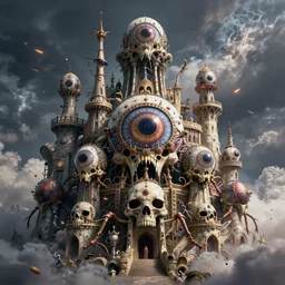 extremely hyperdetailed insectile alien eyeball skull castle in the chaos realm, by greg rutkowski, rodney matthews and artstation, epic atmosphere, clouds, photorealism, complex color scheme, uhd