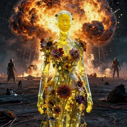 Woman wearing clothes made out of dying flowers, nuclear explosion in the background, Portrait, Masterpiece, glass, yellow skin, glowing, wires everywhere, by Edgar Maxence and Ross Tran, Zdzisław Beksiński, and Michael Whelan, distant, gustav dore, H.R. Giger, 8k, octane render