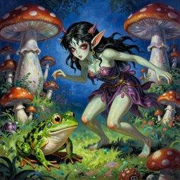 hyper realistic Scary godlike fairy being chased by a frog , art style of Junji Ito ,detailed mushroom village in the background , Psychedelic style, post-processing, fantasy , masterpiece , junji ito, painting , vibrant colors