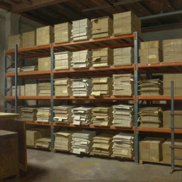 a neoclassical painting of a warehouse with huge shelves in which stacks of paper are stored, classicism, oil painting