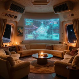 a highly detailed hyper real retrofuture interior space ship living room, holographic display, furniture, warm lighting, candles, paintings in the walls, drapes, windows into space, windows to space, lens flare, retrofuturepunk, 1 9 6 0's, vray render 4 k