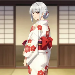 beautiful girl, silver hair, white kimono with complex red flower patterns, full body, looking to camera, showing her shoulder from back, ilustration by (Takehiko Inoue) ((and Krenz Cushart))