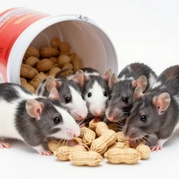 a group of rats eating from a spilled bucket of peanuts, close up, dslr photography