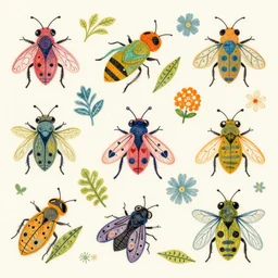 colorful print of cute little insects botanical artwork, multicolor lino block print with vignettes, created by ernst haeckel, greg hildebrandt, mary delany in the style of painting toon shades, colorful ink, vibrant, warm pastel, colorful dark vector, smooth curves, graphical, detailed, trending in art station 9 6 0!!!!!