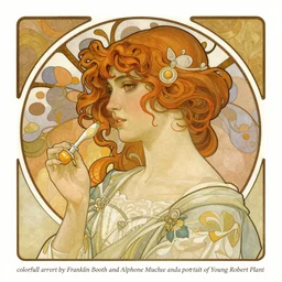 “colorfull artwork by Franklin Booth and Alphonse Mucha and Moebius showing a portrait of Young Robert Plant”