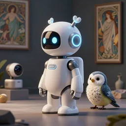 product photo of a futuristic stylized playful robot pet, minimalistic kindchenschema, by artgerm and greg rutkowski and marc newson and zaha hadid, alphonse mucha, zaha hadid, samsung apple webcam, sleek matte glossy materials, neon, toufted titmouse snow owl inspired. side view, volumetric light, detailed, octane render, midsommar