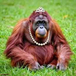 pink orangutan wearing a pearl necklace and a tiara sat in a field of grass wildlife photography 4 k