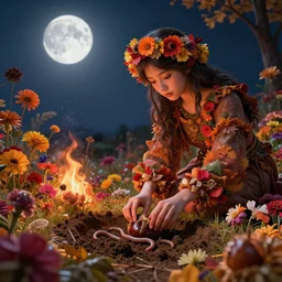 autumn moonlight earth goddess watches a worm digs silently into the chestnut entwined in colourful lush flowers and fire highly detailed, volumetric lighting, highly detailed, octane render, concept art, smooth, sharp focus, hyper - realistic