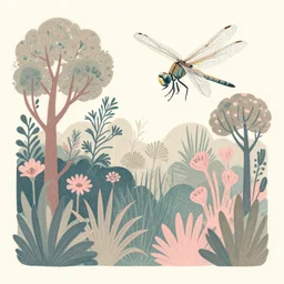 grainy risograph matte painting of lot of exotic vegetation, trees, flowers, tall grass, pastel matte colors, huge dragonfly robot in the foggy huge swamp covered with web and cotton and a lot glowing zima blue flowers, fireflies, by chesley bonestell, intricate detailed