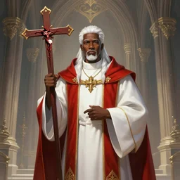 a highly detailed illustration of white haired black african priest wearing white and red robe, wielding bloody cross, gothic church background, intricate, elegant, highly detailed, centered, digital painting, artstation, concept art, smooth, sharp focus, league of legends concept art, wlop
