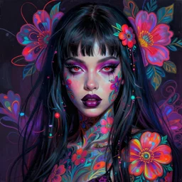 portrait of dewanda wise, hyper detailed masterpiece, neon floral pattern, jean giraud, digital art painting, darkwave goth aesthetic, psychedelic, artgerm, donato giancola and tom bagshaw