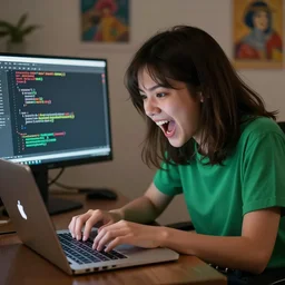 a very cute girl is coding frantically, typing on the keyboard of her macbbok, she wears a green shirt, she is very excited and overwhelmed by excitation, cinematic and dramatic, 8 k, crisp lines, sharp edges, vibrant colors by artgerm, cushart krenz, greg rutkowski, mucha