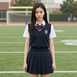 buffy the vampire slayer wearing a school uniform, football field backround,