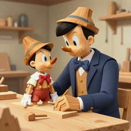 a man wearing a suit made of wood making pinocchio in his wood shop, anime film still from the an anime directed by katsuhiro otomo with art direction by salvador dali, wide lens