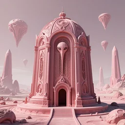a beautiful and intricate ancient alien tomb on a fringe planet with bizarre, pink floating obelisks in the distance, micro details, high detail, hdr, trending on artstation, volumetric lighting, minimalist, 4 k, by chriss foss, by lehr, by simonetti, by godmachine, by bakshi, flat, surrealist