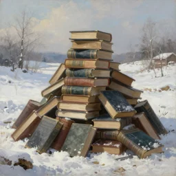 painting of a huge pile of books on the middle of a valley in winter by rembrandt, incredible detail, volumetric light, unreal engine