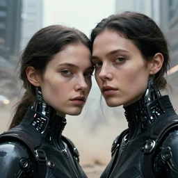 cinestill 5 0 d photographic portrait by helen levitt of two loving female androids wearing black techwear in a brilliant cyberpunk city, extreme closeup, modern cyberpunk, dust storm, 8 k, hd, high resolution, 3 5 mm, f / 3 2, ultra realistic faces, intricate detail, ex machina