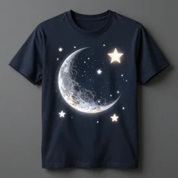 t-shirt with glowing stars and the moon, ultra realistic, high detail, intricate details, photorealistic, elegant, ethereal, melancholic, dream