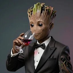 realistic groot as a gentleman wearing tuxedo drinking wine on a studio shot, digital art, trending on artstation, behance, octane, intricate, ornate, photorealistic, hyper realism, high detail, movie shot, studio lighting, 8 k, vivid colors, smooth gradients, cinematic