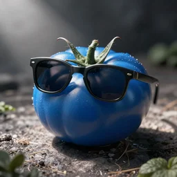a blue tomato with sunglasses