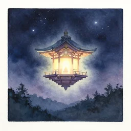 centered on watercolor paper, paint brush strokes, watercolor painting of a hovering miniature shrine, soft glow, enchanted, iridescent and ethereal, in a starry night landscape, perspective, oriental, cinematic light, in the style of noriyoshi ohrai