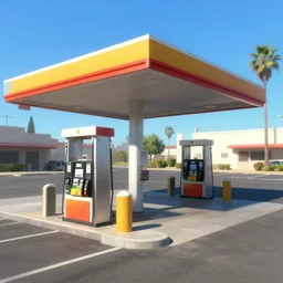 a gas station and a parking lot in california, david febland, artstation, matte painting