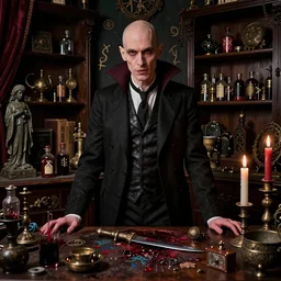 night portrait f / 1. 4 of a neurotic forty two year old british man vampire thin features feeling confident in a cluttered dark room full of ancient dusty artifacts ( ( ( bald ) ) ) tables vials of blood dark statues runes shelves magical instruments drapery arcane tools jewels graffiti candlesticks ritual bloody knife books atmospheric hdr vivid color