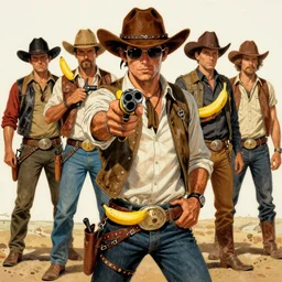 outlaw cowboy with banana guns, the banana bandit, pulp book cover character art, portrait. artwork by robert k. abbett, harry bennett, ernest chiriacka, mitchell hooks, robert mcginnis