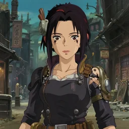 a full body film still portrait of a confident dieselpunk butcher woman, finely detailed features, closeup at the faces, perfect art, at an ancient city, gapmoe yandere grimdark, trending on pixiv fanbox, painted by greg rutkowski makoto shinkai takashi takeuchi studio ghibli, akihiko yoshida