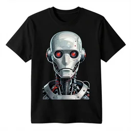 a black tshirt with a hyperdetailed portrait of a cyberpunk robot by robert crumb, 8 k, symetrical, flourescent colors, happy trippy mood, multicolored,
