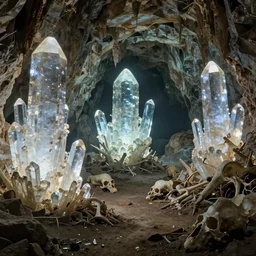 a cave with huge glowing crystals in the walls and piles of bones on the floor, art by donato giancola and greg rutkowski, volumetric lighting