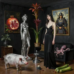 realistic painting of a luxurious female artist's apartment, black dripping walls, tall emo girl, silver sculpture, a pig, a samurai, paintings on black walls, pomegranate, bromeliads, tusks, octopus, courgettes, berries, zen, sensual, surrealist painting by magritte and rousseau and kahlo