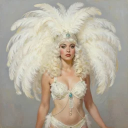 caribbean showgirl, big hair, feathers, 1 9 4 0 s, oil painting, pale colors, high detail, 8 k, wide angle, trending on artstation